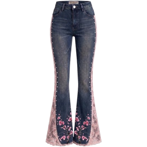 Dark blue denim flare jeans with pink floral lace inserts and silver stud embellishments down the sides.