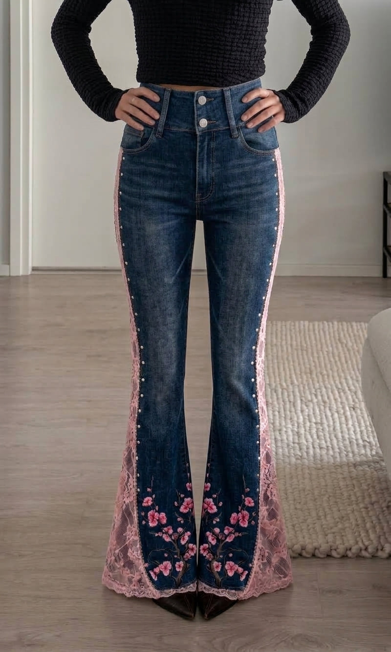 Cherry Flare Jeans — High Waisted